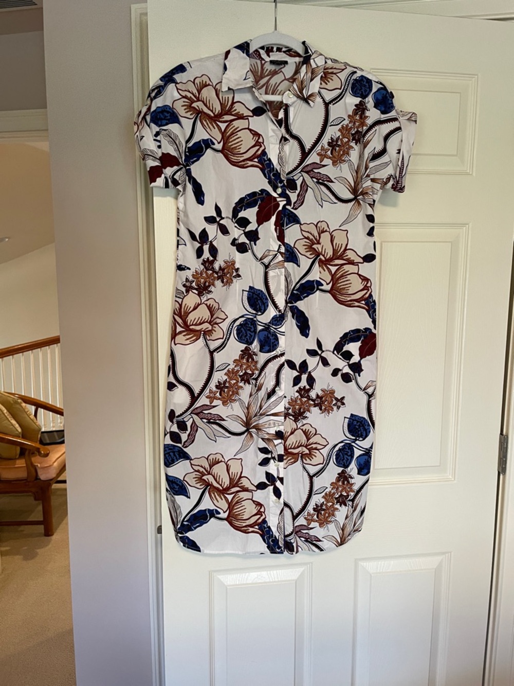 Talbots White Midi Shirtdress with Blue & Brown Floral Print